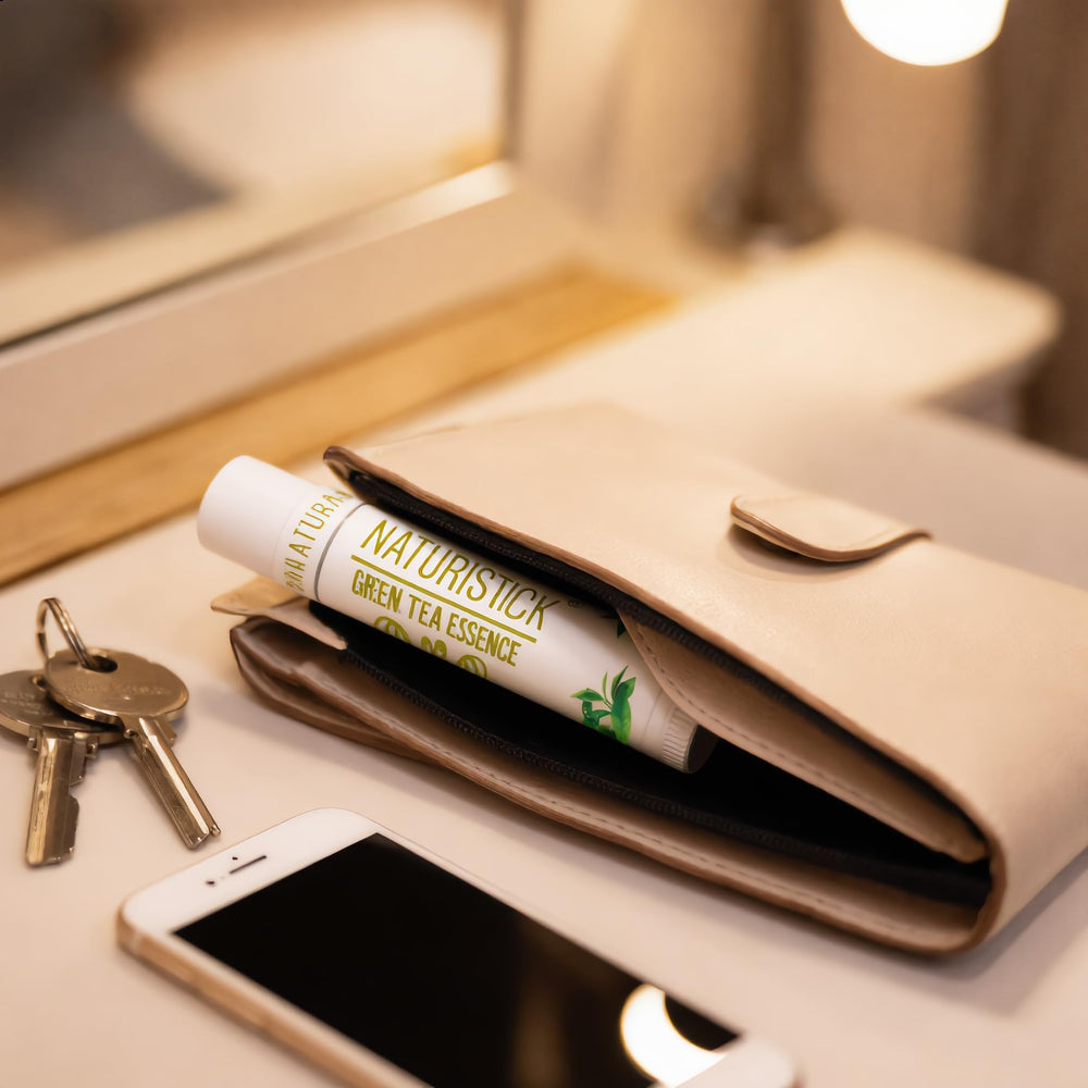 Naturistick tube in hand for scale showing pocket-sized portability and everyday convenience
