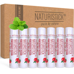Naturistick pomegranate front packaging showing seven sealed tubes for everyday convenience