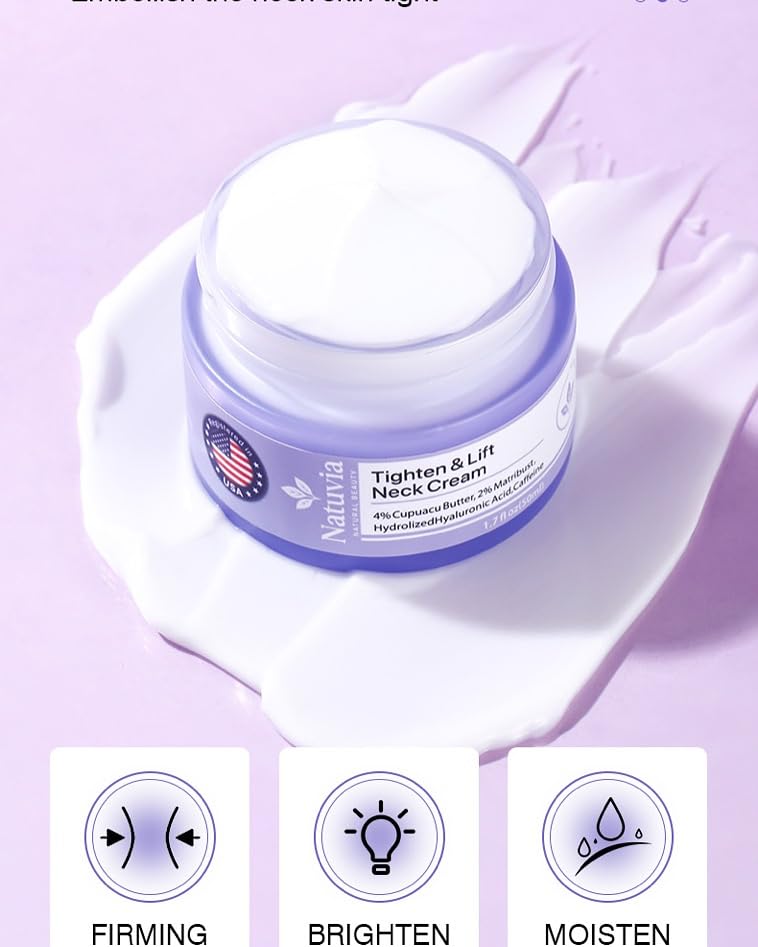 Model smoothing Natuvia cream on neck and décolleté, shows contouring and smoothing benefit