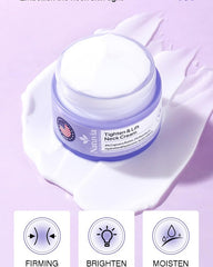 Model smoothing Natuvia cream on neck and décolleté, shows contouring and smoothing benefit