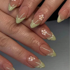 NBNTGH front packaging showing 24-piece floral press-on nails and accessories for convenience