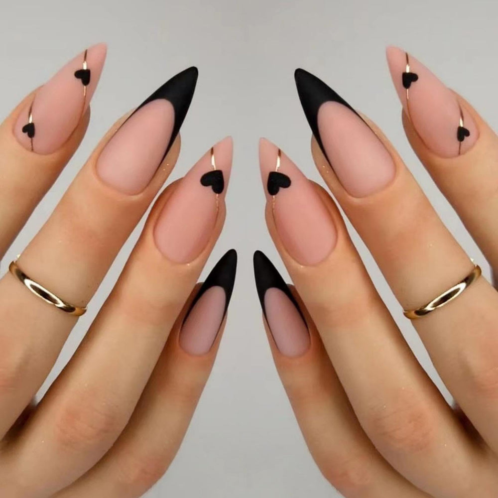 NBNTGH front packaging showing 24-piece glossy black almond nails and benefits