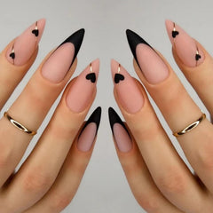 NBNTGH front packaging showing 24-piece glossy black almond nails and benefits