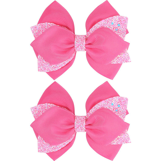 NCMAMA front view of glitter pink bow showing overall design and sparkle
