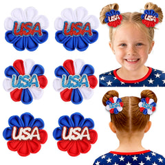 NCMAMA front view of six patriotic hair bows showing red white blue designs for festive outfits
