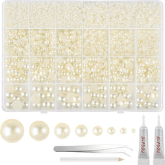 NEBURORA front packaging of ivory flat back pearls showing organized box and tools for easy crafting