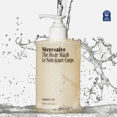 Texture of Nécessaire body wash poured on hand showing hydrating, non-drying gel