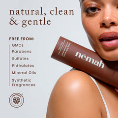 Nemah ingredients display with oat, ashwagandha, coconut highlighting gentle hydration