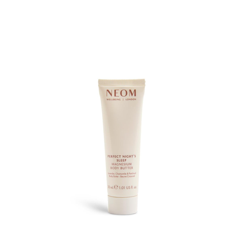Neom travel-size tube front view showing lavender basil jasmine branding and portability