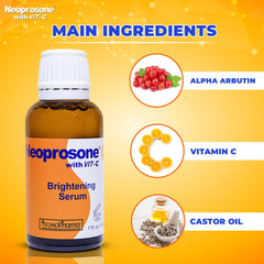 Neoprosone bottle beside key ingredients like vitamin C and castor oil for transparency