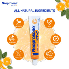 Neoprosone label close-up showing Vitamin C and Alpha Arbutin complex for brightening benefit