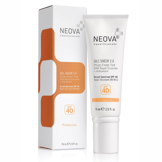 NEOVA Silc Sheer front tube showing label and SPF 40 protection benefit