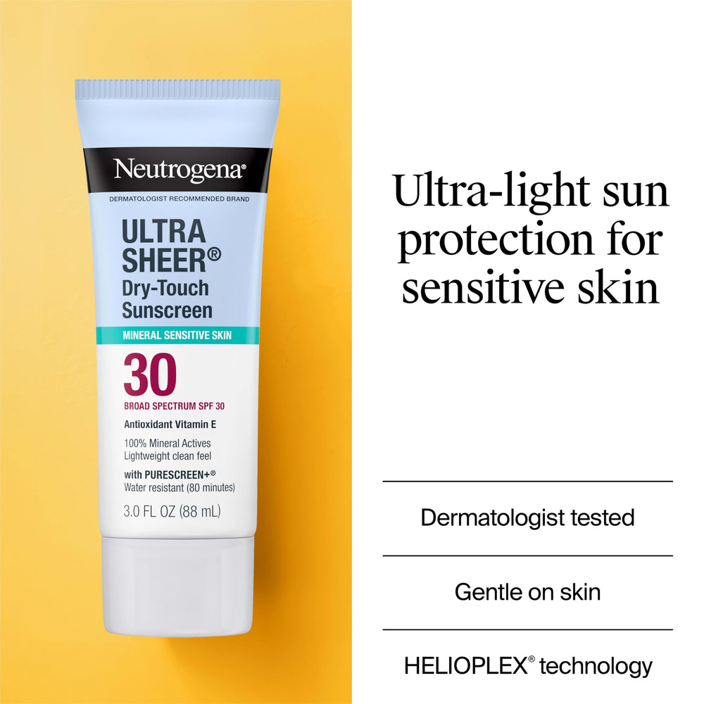 Neutrogena 3 oz bottle beside sunglasses to show travel-size convenience and portability