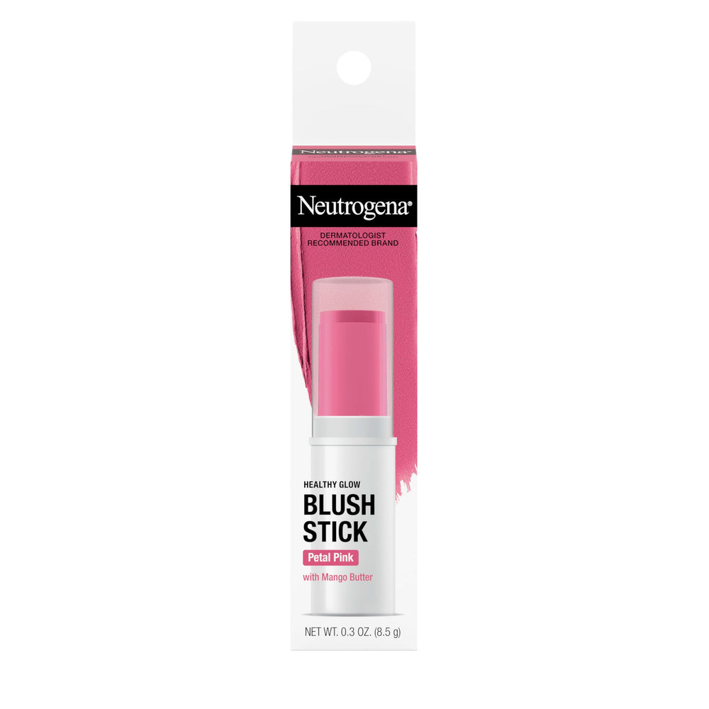 Neutrogena blush stick front view showing Petal Pink shade and compact design benefit