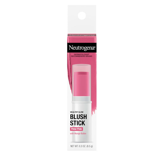Neutrogena blush stick front view showing Petal Pink shade and compact design benefit