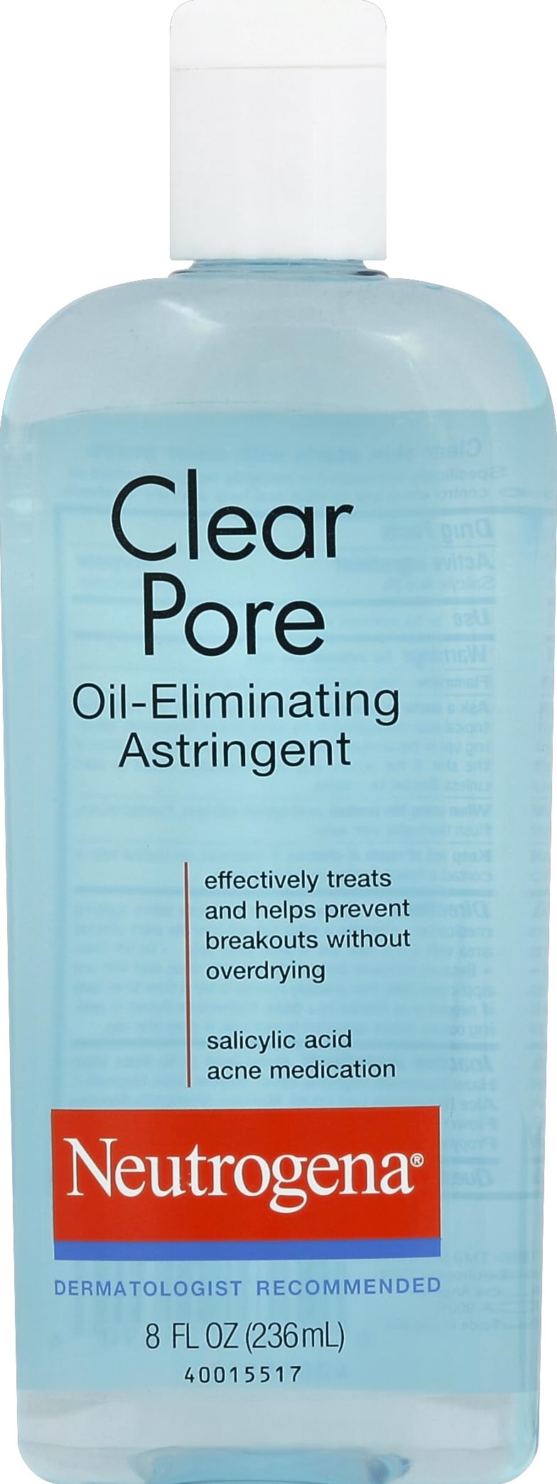 Neutrogena front packaging showing bottle and label, clarifies benefits for clearer pores