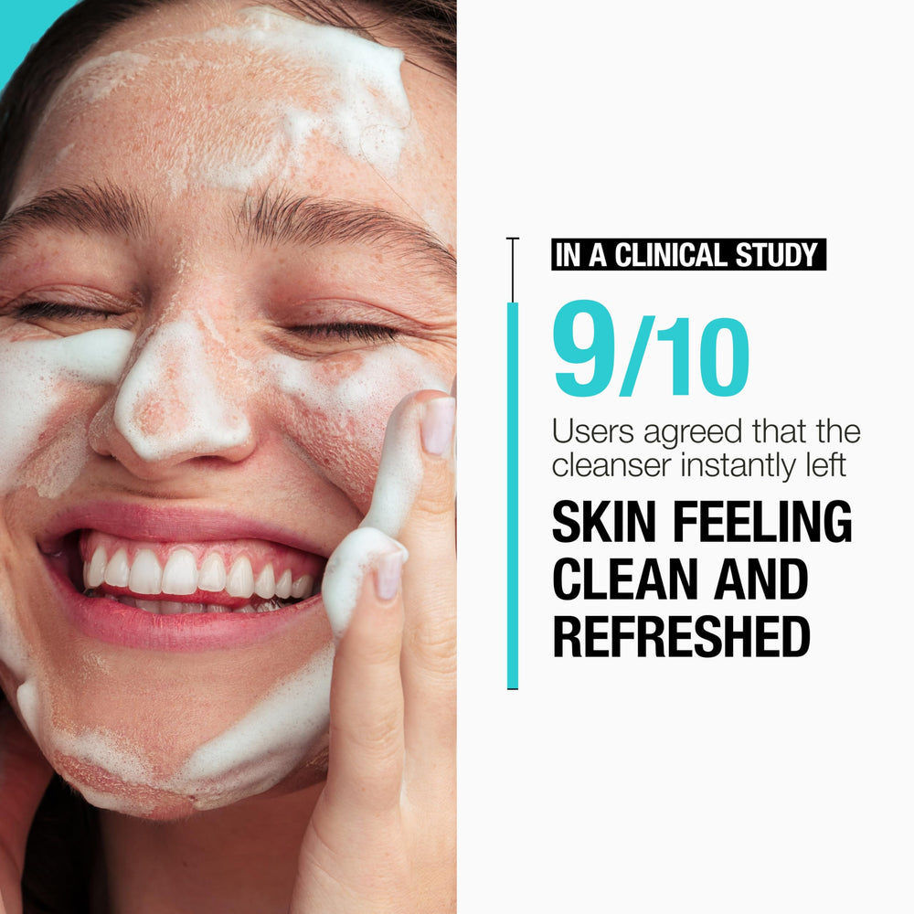 Neutrogena foam on hand illustrating rich lather that removes oil and makeup effectively