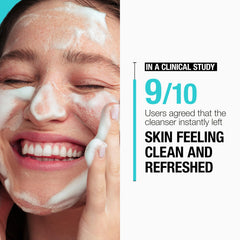 Neutrogena foam on hand illustrating rich lather that removes oil and makeup effectively