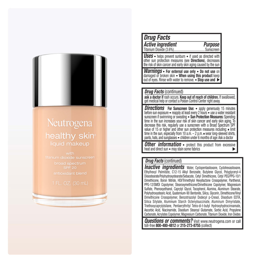 Neutrogena packaging label close-up showing SPF 20 and ingredients
