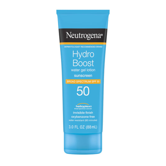 Neutrogena front packaging showing Hydro Boost SPF 50 and travel size benefit