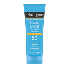Neutrogena front packaging showing Hydro Boost SPF 50 and travel size benefit