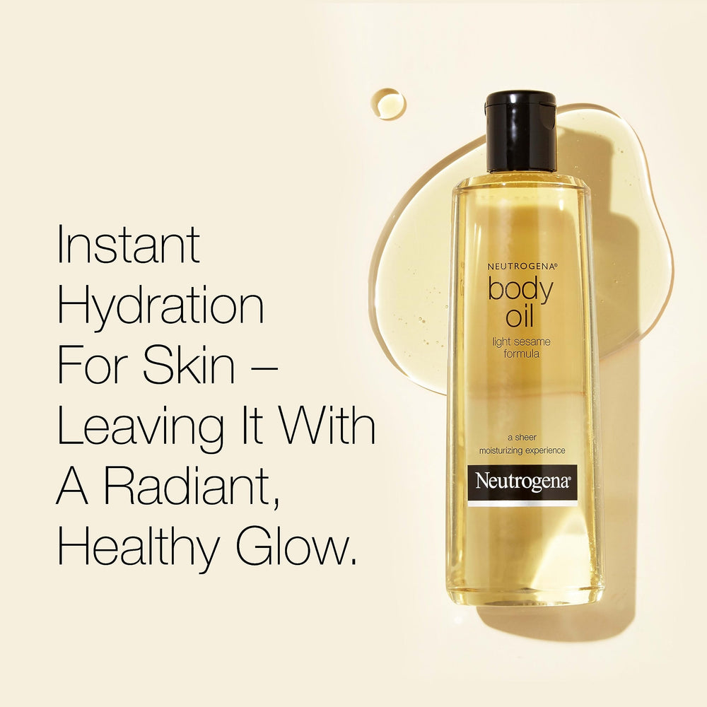 Neutrogena bottle open with oil pouring, showing easy application benefit