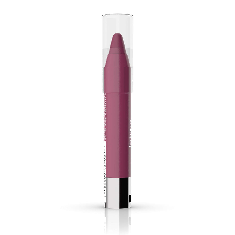 Neutrogena product worn on lips demonstrating glossy berry color benefit
