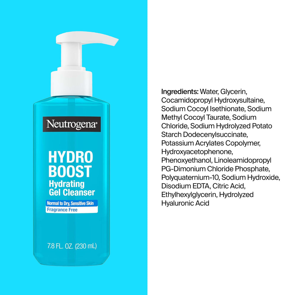 Neutrogena Hydro Boost lineup with cleanser illustrating layered hydration