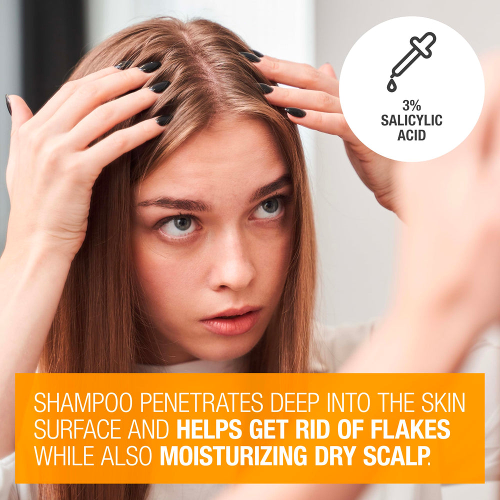 Neutrogena shampoo texture pouring from bottle demonstrating exfoliating action