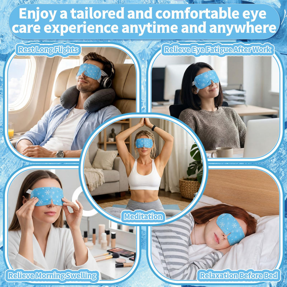 Newcotte mask in use on model relaxing to reduce puffiness and eye fatigue