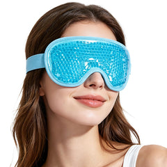 NEWGO front view of blue cooling eye mask showing shape and strap, quick relief