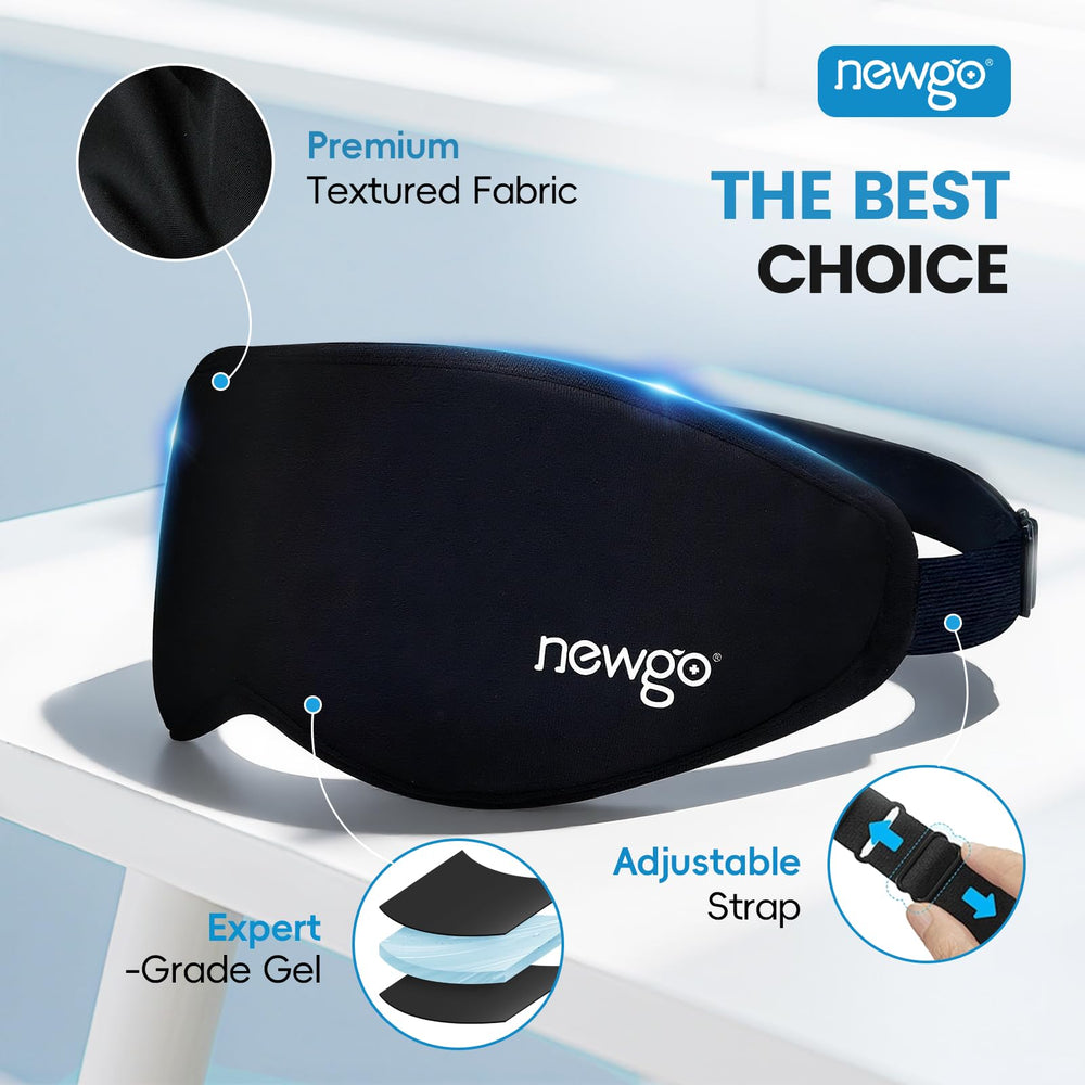 NEWGO mask worn by traveler demonstrating light blocking for on-the-go naps
