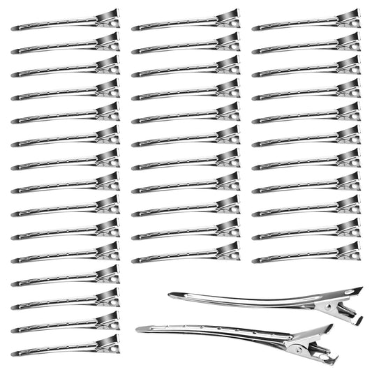 Neworkg front pack of 50 silver duck bill clips showing bulk supply benefit