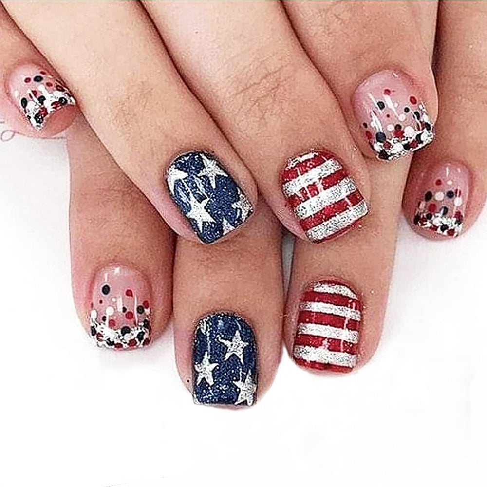 NEWSPIED front packaging showing 24-piece patriotic press-on nails and kit, easy event-ready manicure