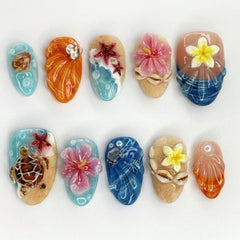 NEWSPIED front packaging showing 24-piece beach press-on nails, instant tropical manicure