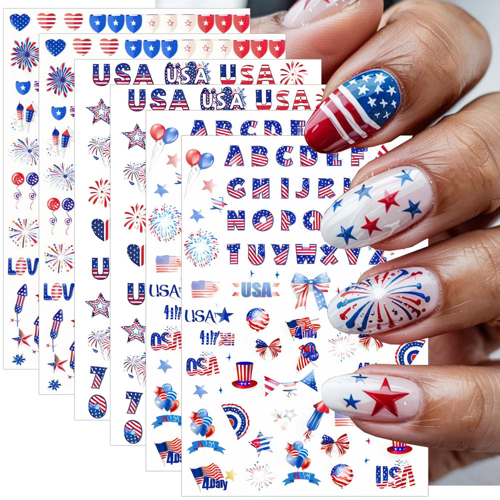 NEWSPIED sheet front showing patriotic nail sticker selection for quick festive nails