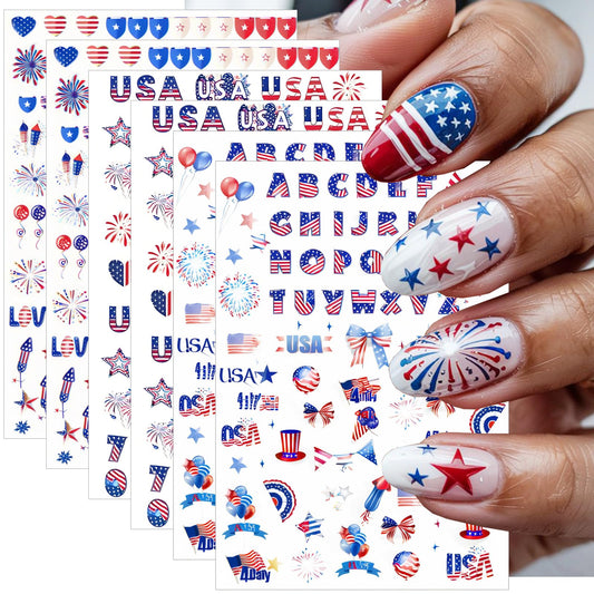 NEWSPIED sheet front showing patriotic nail sticker selection for quick festive nails