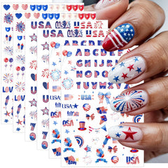 NEWSPIED sheet front showing patriotic nail sticker selection for quick festive nails