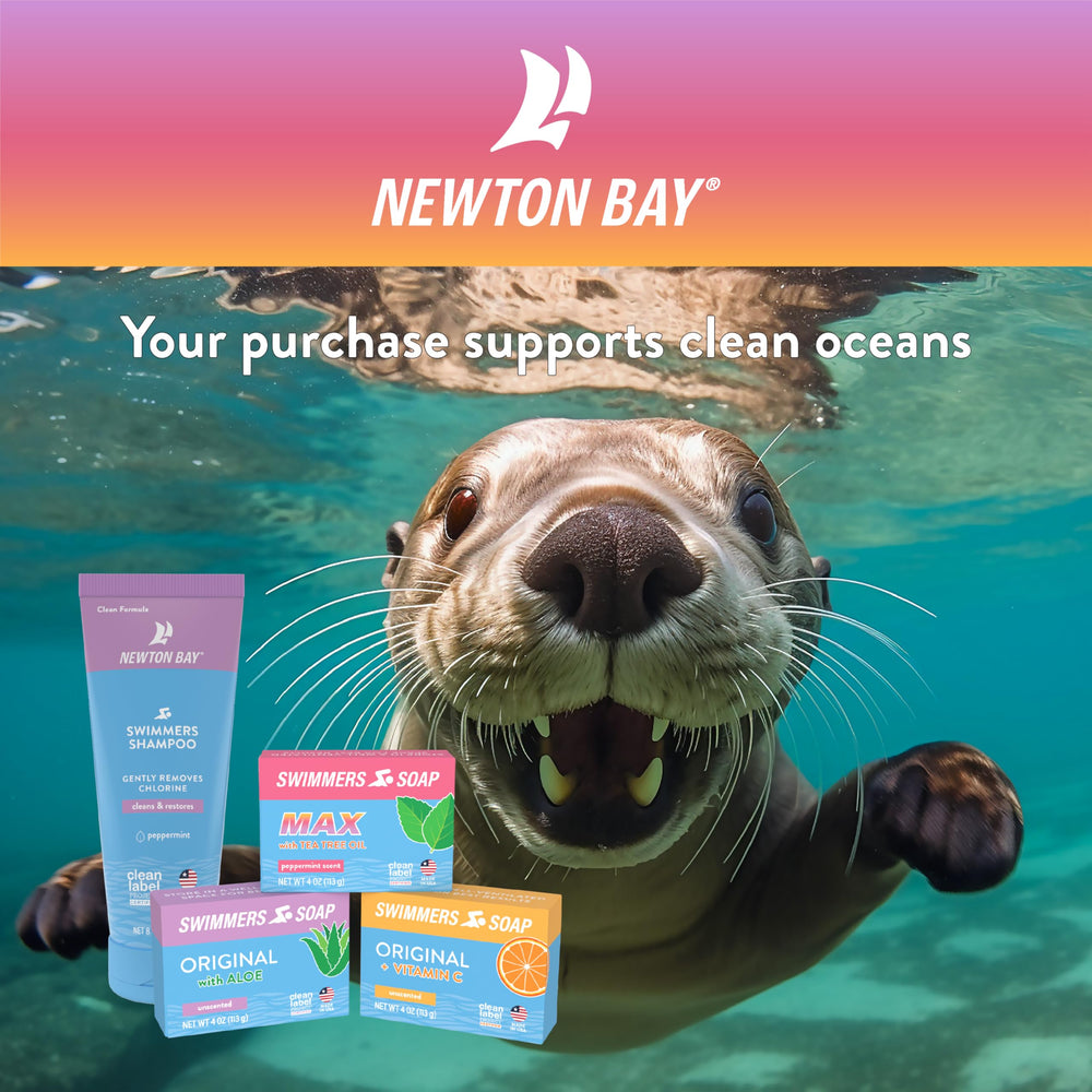 person by pool holding Newton Bay soap, post-swim refresh and soothing benefit