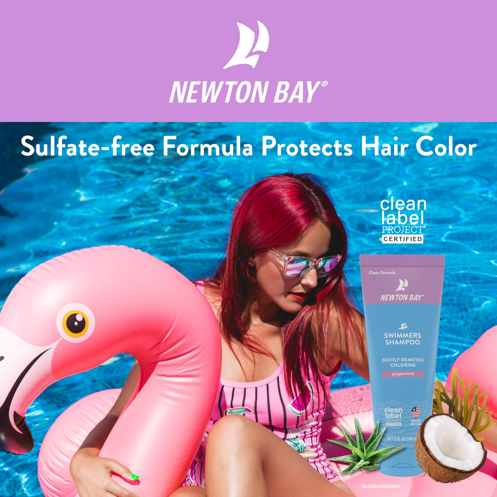 Newton Bay shampoo in hand showing 8 oz scale and travel convenience