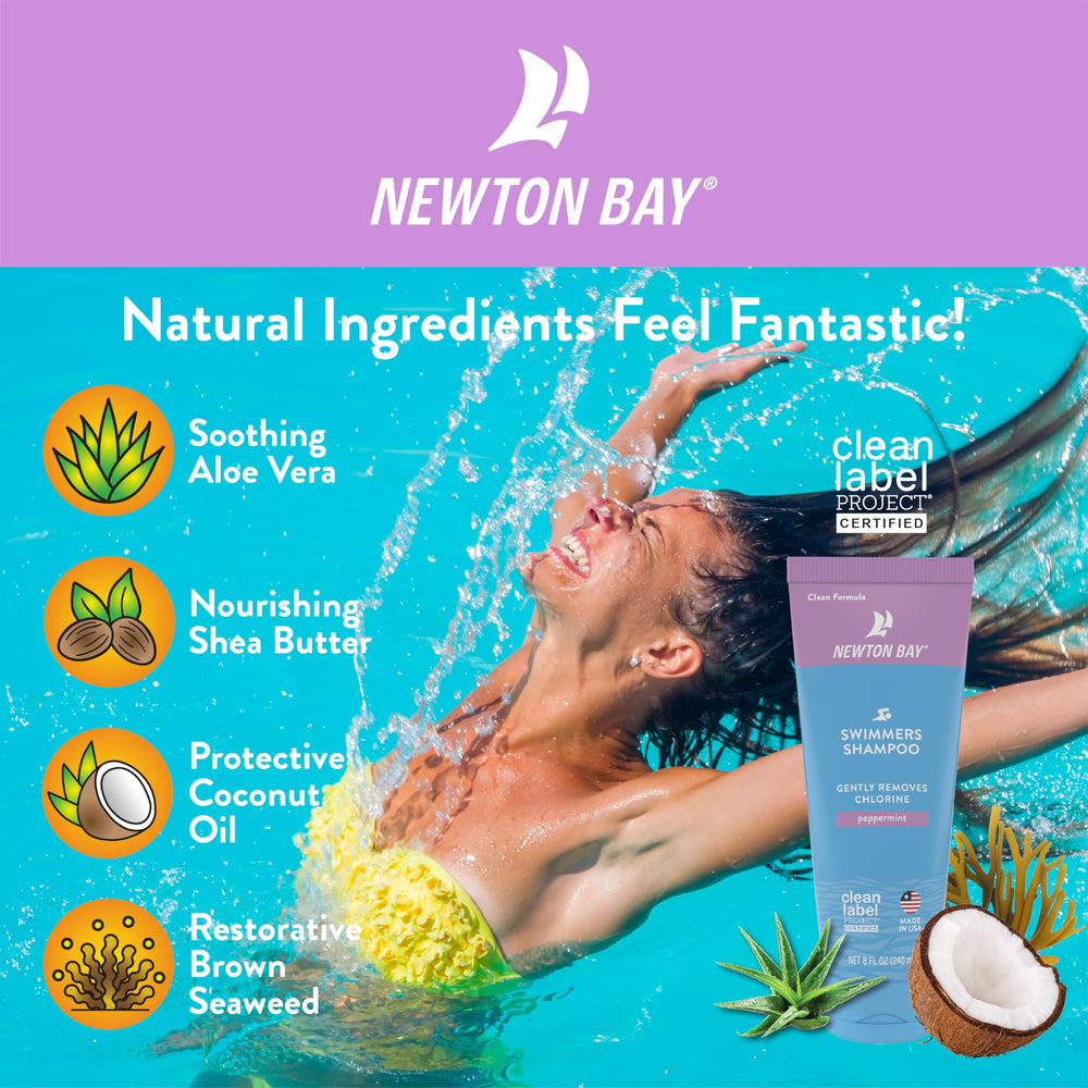 Newton Bay shampoo inside pool bag showing ready-to-use post-swim benefit