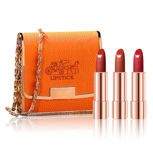Newvenper front packaging showing three matte lipsticks and orange chain bag for easy gifting