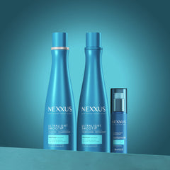 Nexxus bottle held in hand to show 13.5 oz scale and travel convenience