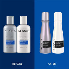 Nexxus bottles beside sink showing daily routine benefit