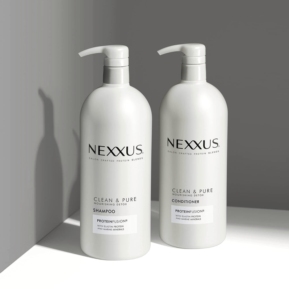 Nexxus 33.8 oz bottle beside common items to show true size benefit