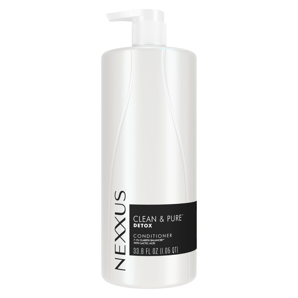 Nexxus Clean & Pure conditioner front bottle shows detox benefits and size