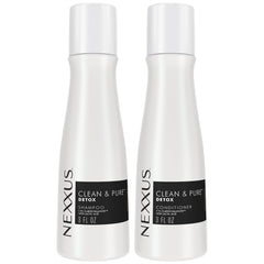 Nexxus front packaging showing travel shampoo and conditioner for easy identification and portability