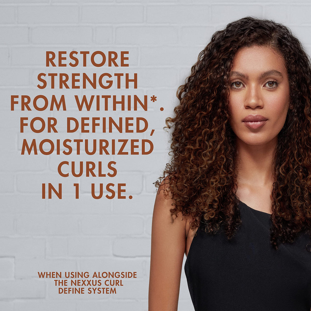 Nexxus product on shelf with defined curls in lifestyle scene