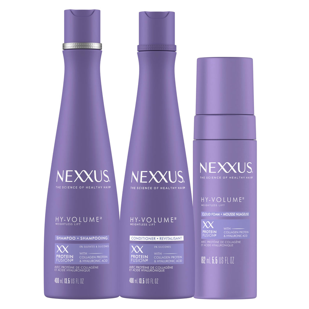 Nexxus front packaging showing three-piece volumizing regimen for full-bodied hair