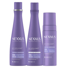 Nexxus front packaging showing three-piece volumizing regimen for full-bodied hair